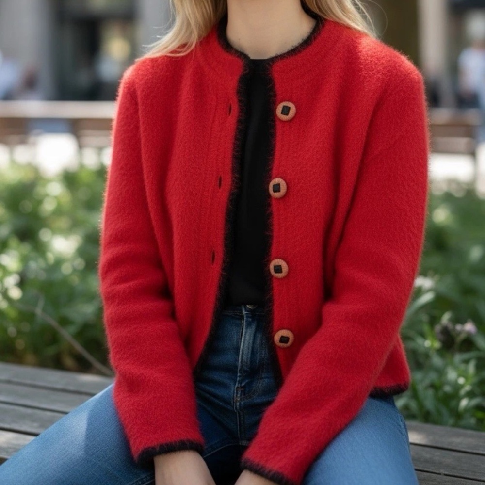 Vtg‎ Venesha Angora Sweater Cardigan Red Blazer Jacket Size M
